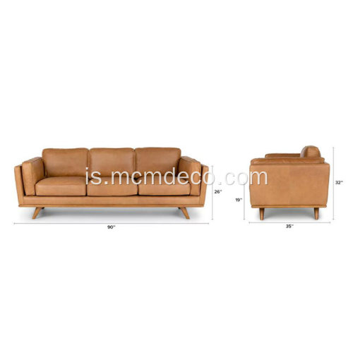 Mid-Century Modern Timber Charme Tan leður sófi